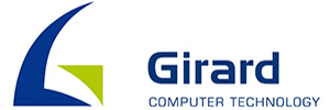 Ein dunkelblauen rechter Pfeil zeigt nach rechts oben. Rechts davon ist ein grüner Ecken. Das Logo von Girard wird abgerundet durch den Schriftzug Girard mit unten Computer Technology. 